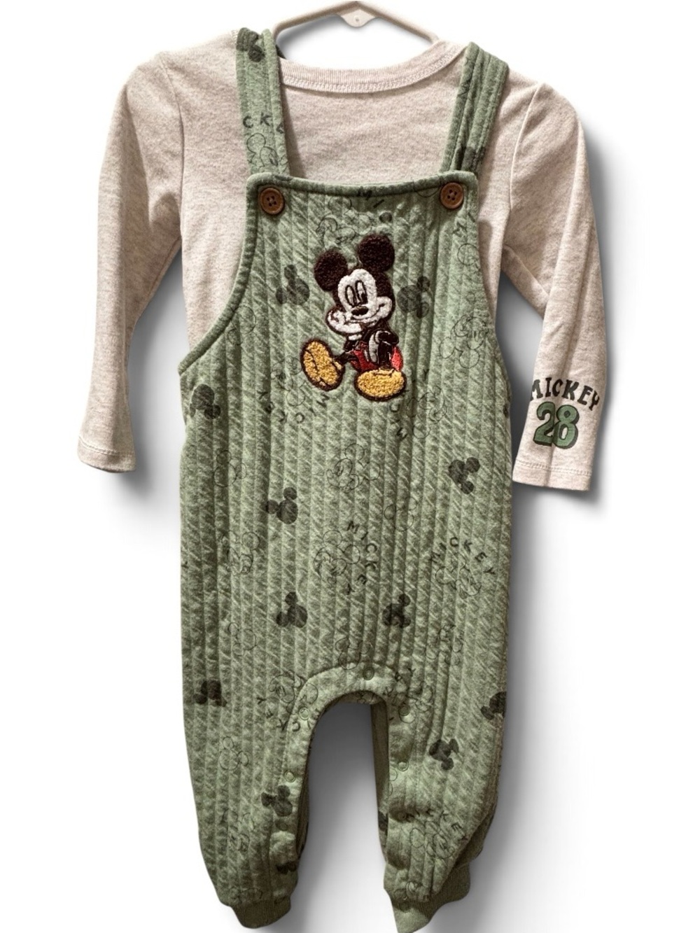 🎉 (18m) Disney Mickey Mouse Sage Green Quilted Overalls + Long Sleeve Onesie Set